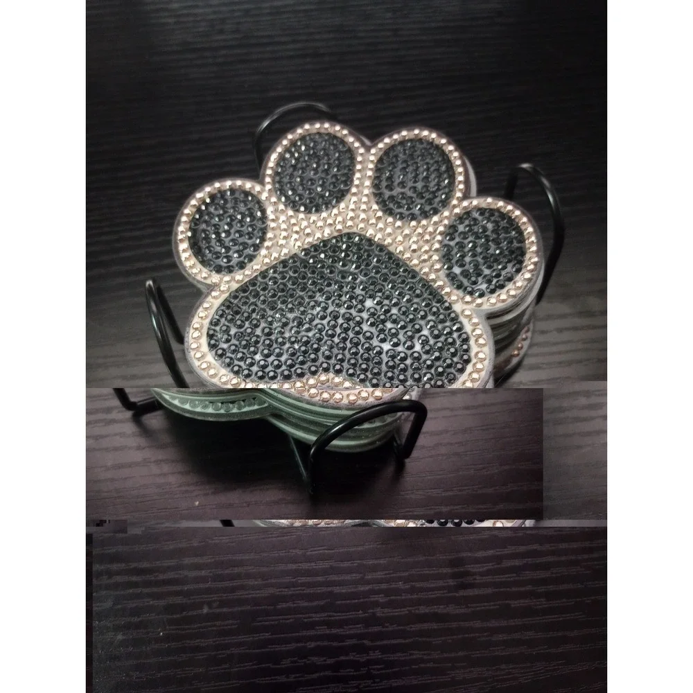 Set of 10 Handmade Diamond Art Paw Print Coasters with Holder | Cork Back | Pet